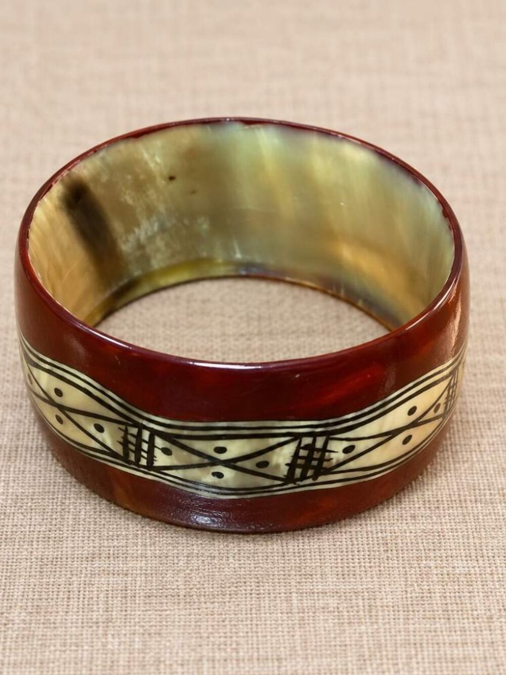 Vintage Kenya Painted Horn Wide Bangle Bracelet African Geometric